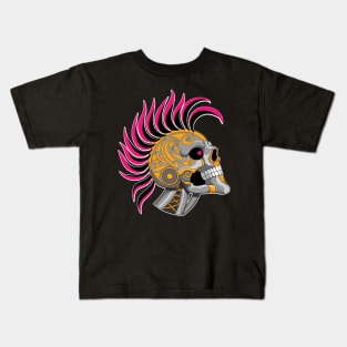 Tattooed Robot Skull with Pink Mohawk Kids T-Shirt